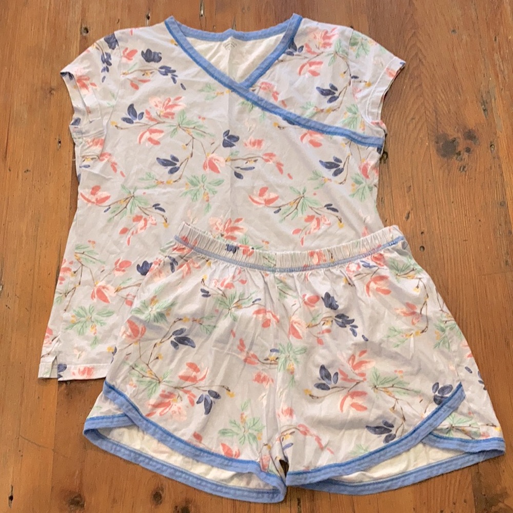 Garnet Hill women green cotton Asian wrap flower pajamas shorts EUC M medium